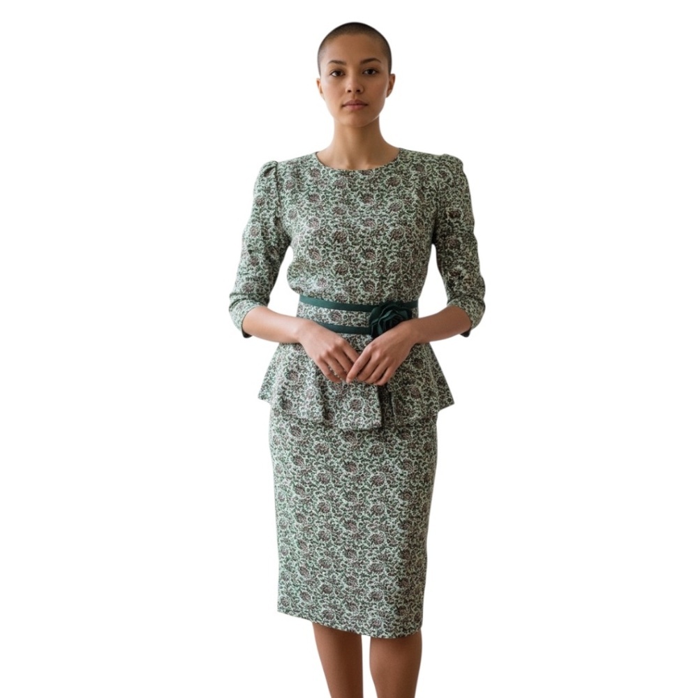 Vintage Natalie Women's Green Paisley floral peplum Skirt Ruffle dress Size 8